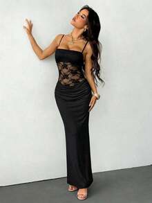 Vestido transparente de encaje con tirantes para mujer  PETITE, ropa sexy para fiestas, citas y festivales, adecuado para otoño e invierno, se puede usar como capa interior. - Negro - Ver 6