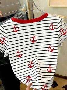 Camiseta casual de mujer de manga corta con cuello redondo, estampado de oso de dibujos animados y rayas - Multicolor 7 - Ver 2