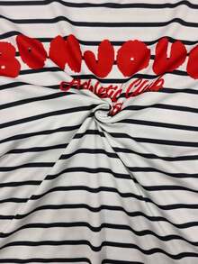 Camiseta casual de mujer de cuello redondo y manga corta con estampado de letras y rayas - Multicolor 5 - Ver 4
