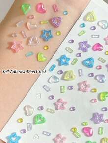 1/2/3 Styles Hollow Five-Pointed Star & Heart Shaped Stickers, Mixed With Dopamine Elements, Self-Adhesive Back, Suitable For Festivals, Performances, Concerts And Other Occasions, Also Can Be Used As Nail Art Decoration Stickers. - Multicolor - View 6