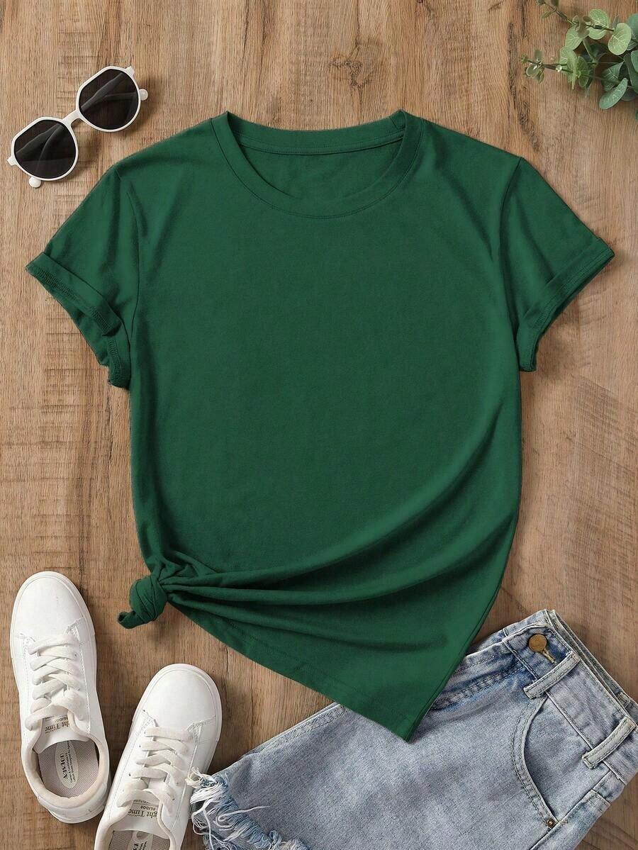 Camiseta casual versátil de mujer talla grande de cuello redondo y manga corta, de color liso - Verde Oscuro - Ver 1