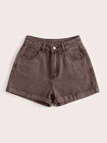 Pantalones cortos vaqueros de cintura alta enrollados para el verano - Café integral - Ver 5