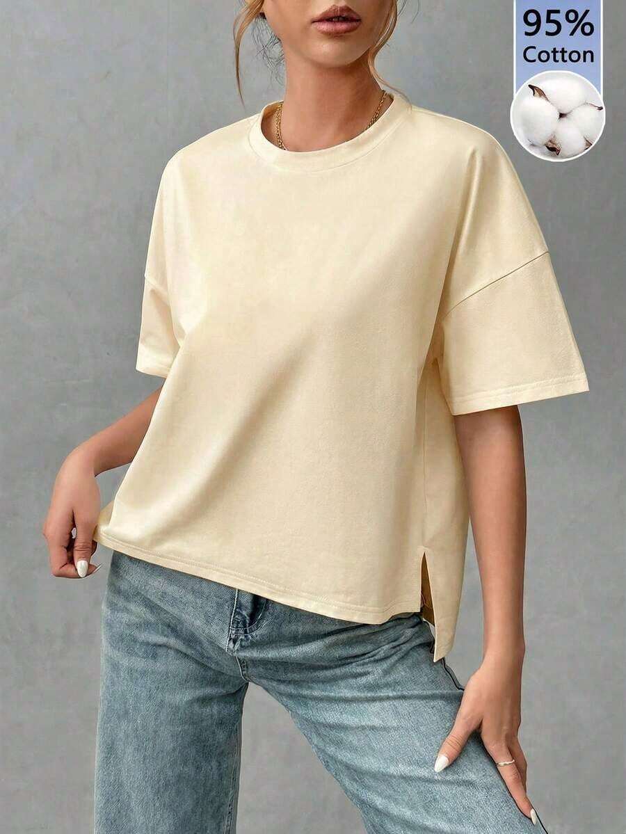 Camiseta holgada de estilo minimalista casual para mujer, con parte delantera corta y parte trasera larga, versátil para usar en la calle, adecuada para primavera y verano - Albaricoque - Ver 1
