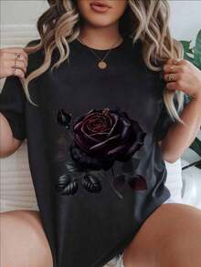 Women's Casual Short-Sleeve T-Shirt - Rose With Leaves And Bud Design, Round Neck, Summer Top, Machine Washable, Ladies' T-Shirts, Casual Wear, Modern Style, Comfortable Fit

-White - 黑色 - 查看 1