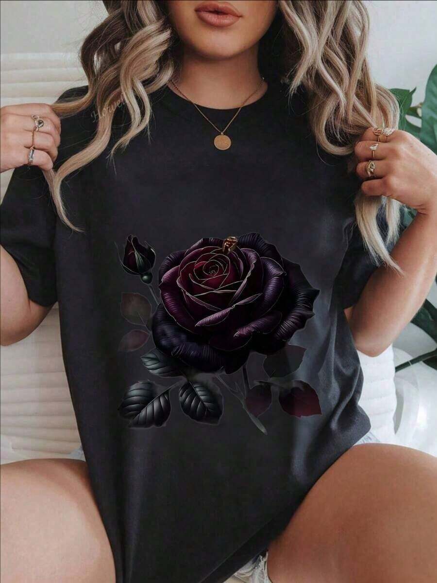 Women's Casual Short-Sleeve T-Shirt - Rose With Leaves And Bud Design, Round Neck, Summer Top, Machine Washable, Ladies' T-Shirts, Casual Wear, Modern Style, Comfortable Fit
-White - 黑色 - 查看 1