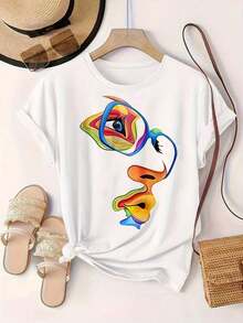 Women's Casual Short-Sleeve T-Shirt - Colorful Eyes And Mouth Design With Sunglasses, Round Neck, Summer Top, Machine Washable, Ladies' T-Shirts, Casual Wear, Modern Style, Comfortable Fit

-White - 白色 - 查看 2