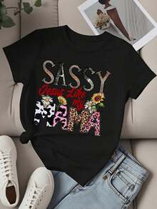 Camiseta de Cuello Redondo para Mujer, Diseño Casual de Verano con Estampado de Leopardo y Vaca, Diseño Floral, Manga Corta, Estilo Sassy Jesus Like My Mama - Negro - Ver 2