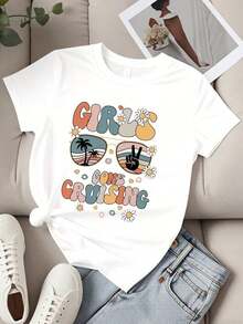 Camiseta de cuello redondo para mujer con estampado de gafas de sol, palmeras y símbolo de la paz, manga corta, para vacaciones de verano, playa, fiesta, ropa casual. - Blanco - Ver 2
