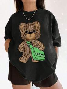 Impresión de oso tejido lindo, diseño de bolso de hombro lindo "BEAR", camiseta de uso diario, camiseta de 100% algodón de 1 pieza - Negro - Ver 1