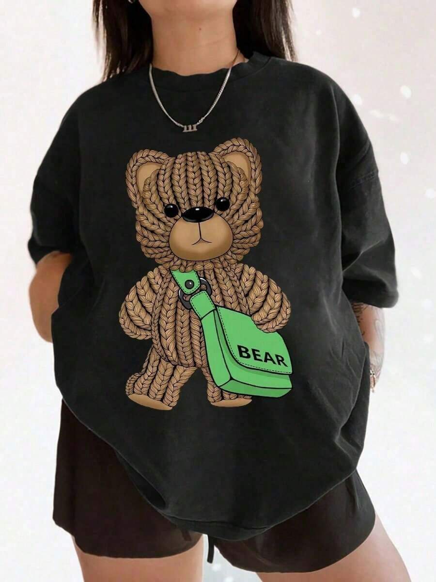 Impresión de oso tejido lindo, diseño de bolso de hombro lindo "BEAR", camiseta de uso diario, camiseta de 100% algodón de 1 pieza - Negro - Ver 1