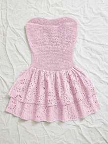 Vestido azul marino con cintura ceñida, plisado, sin tirantes, sexy, calado, con bordado y dobladillo fruncido, estilo vacaciones - Rosa 2 - Ver 2