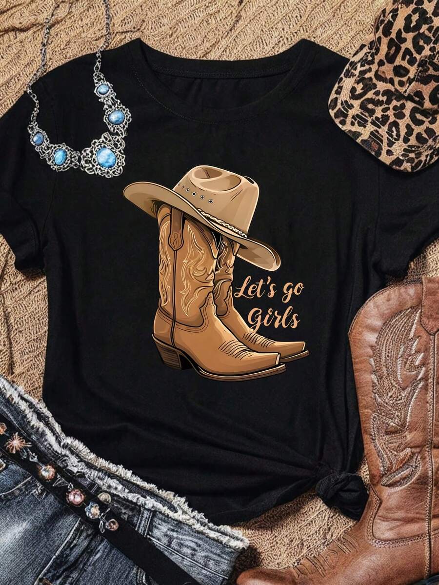 Women's Western Cowgirl Graphic T-Shirt - "Let's Go" Print And Hat, Casual Short Sleeve Crew Neck T-Shirt With Cowboy Hat Design, Summer Casual Wear, Cowboy T-Shirt, Spring Fashion, Durable Fabric, Printed T-Shirt, Y2k T-Shirt For Fashion Lovers - 黑色 - 查看 1