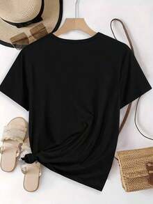 Camiseta de mujer moderna, informal, para fiestas y para estar en casa, 100% algodón, corte holgado. . [SportyT-Shirt] Camiseta de Mujer con Estampado de Letras y Dibujos Animados, Diseño Simple, Cómoda y Transpirable, Adecuada para el Ocio Diario y Versátil, que Muestra un Estilo Natural y Elegante, Imprescindible para Fiestas de Verano, Entrega Local, Camiseta Relajada de Estilo Urbano Vintage, Unisex, de Algodón, Manga Corta, Cuello Redondo. - Negro - Ver 2
