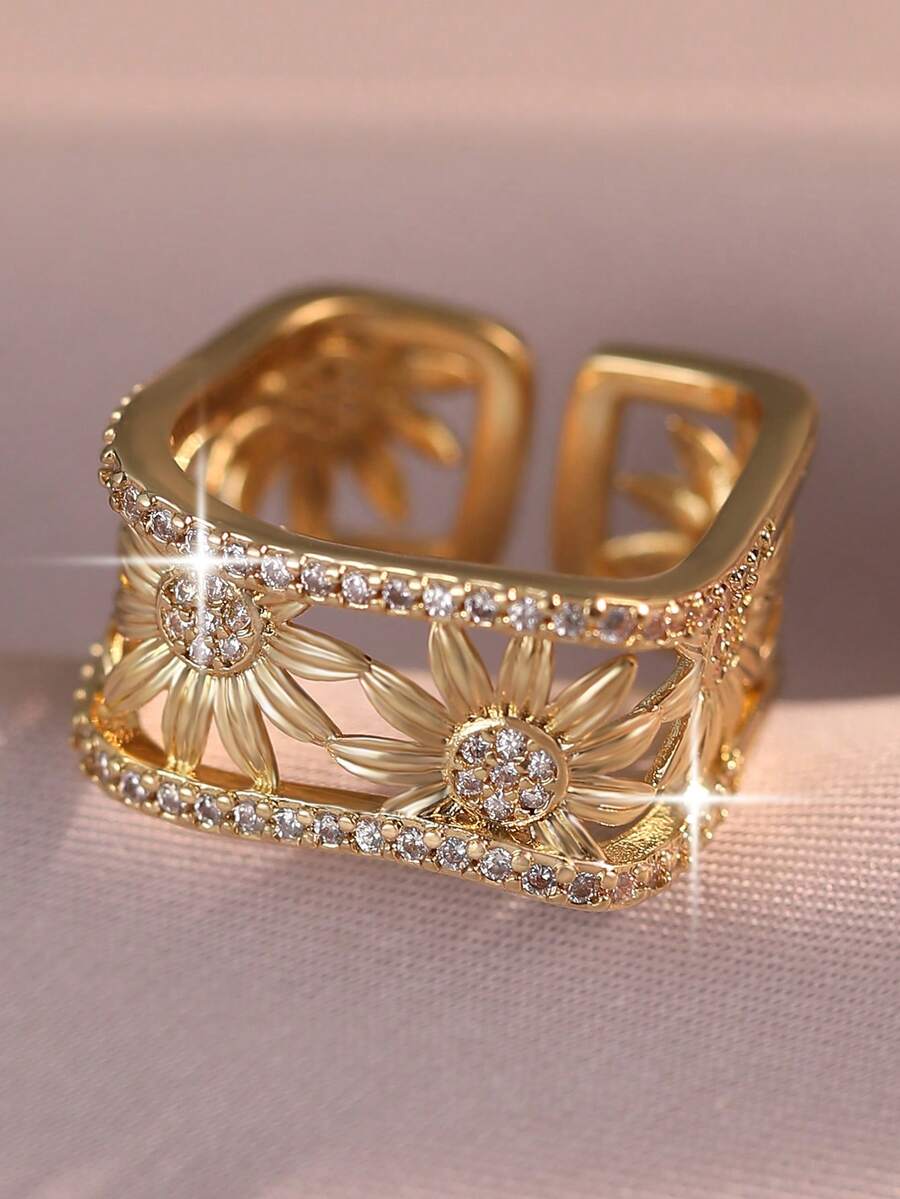1pc Vintage Simple Flower Square Hollow Out Openable Rings With Cubic Zirconia, Sunflowe Wide Band Ring For Daily Wear,Gift Giving,Aesthetic Wedding - Yellow Gold - View 1