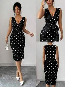 Vestido midi elegante sin mangas con estampado de encaje 3D, cuello superpuesto, cinturón en la cintura, uso diario casual, vestido de encaje elegante en color albaricoque - Negro 2 - Ver 1