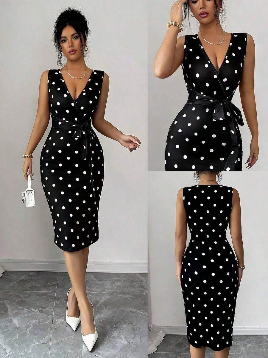 Vestido midi elegante sin mangas con estampado de encaje 3D, cuello superpuesto, cinturón en la cintura, uso diario casual, vestido de encaje elegante en color albaricoque - Negro 2 - Ver 1