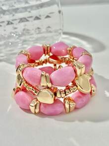 Set de 3 piezas de pulseras de cuentas de resina rosa - Pulseras elásticas apilables con piedras irregulares de tono dorado para mujeres, joyas bohemias en capas como regalo - Rosa - Ver 1