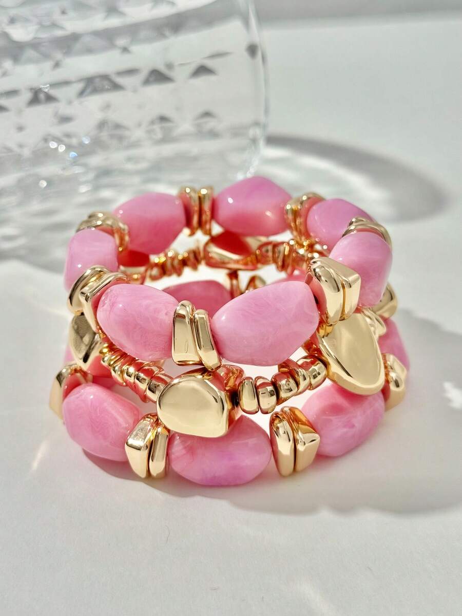 Set de 3 piezas de pulseras de cuentas de resina rosa - Pulseras elásticas apilables con piedras irregulares de tono dorado para mujeres, joyas bohemias en capas como regalo - Rosa - Ver 1