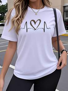 Women's Soft 100% Cotton Short-Sleeved T-Shirt, Single Pack, Fun EKG Heart Art Print Design, Elastic Round Neck Top, Comfortable Outdoor Wear In Spring And Summer, Cute Y2K Top, Loose, Casual, Simple And Fashionable Round Neck, Soft Fabric, Breathable Cotton T-Shirt With Daily Fashion Print, Matches With Everything. - 白色 - 查看 1
