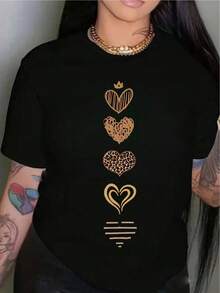 YOCASA Women's Soft 100% Cotton T-Shirt, Casual Summer Style, Crew Neck, Fitted, Short Sleeve, With Oil Paint Print Of Flowers, Hearts, Cherries, And Lettering. Simple And Casual Fabric, Sporty Style, Ideal For Everyday Wear And Valentine's Day Dates. Breathable Cotton T-Shirt, Goes With Everything. - 黑色 - 查看 1