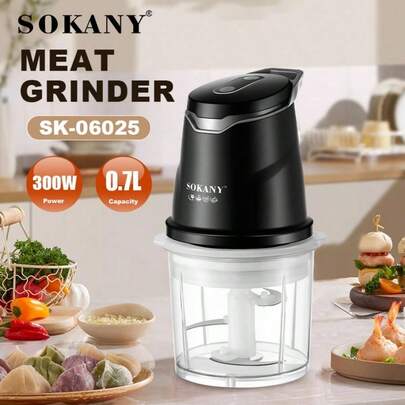  SOKANY 06025 300W 家用绞肉机兼食物料理机，0.7升加厚玻璃碗，S型四刀片切碎器，双速智能开关，可绞肉/切碎蔬菜/大蒜，短轴易于清洁，多功能家用助手