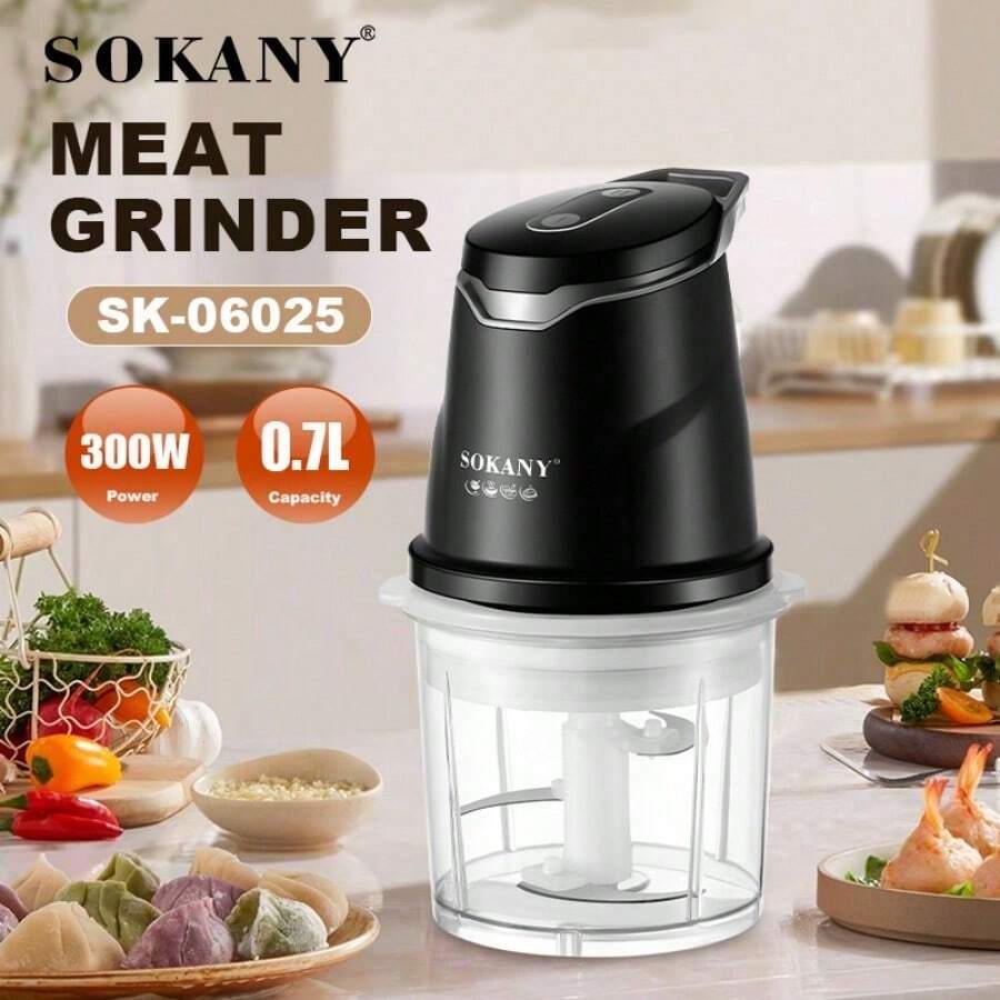 SOKANY 06025 食品研磨機與處理機,300W 銅馬達,0.7L 加厚玻璃碗,S 型 4 葉刀片,雙速智能開關,適合肉餡填充、蔬菜切碎與大蒜切碎,易清洗,多功能居家助手 - 黑色 - 查看 1
