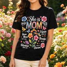 Women's Short Sleeve T-Shirts. Women's Cotton T-Shirt, Round Neck, Floral And Butterfly Print "She Is Mom", Inspirational Christian Design With Bible Verses, Loose And Comfortable For Mother's Day - 黑色 - 查看 1