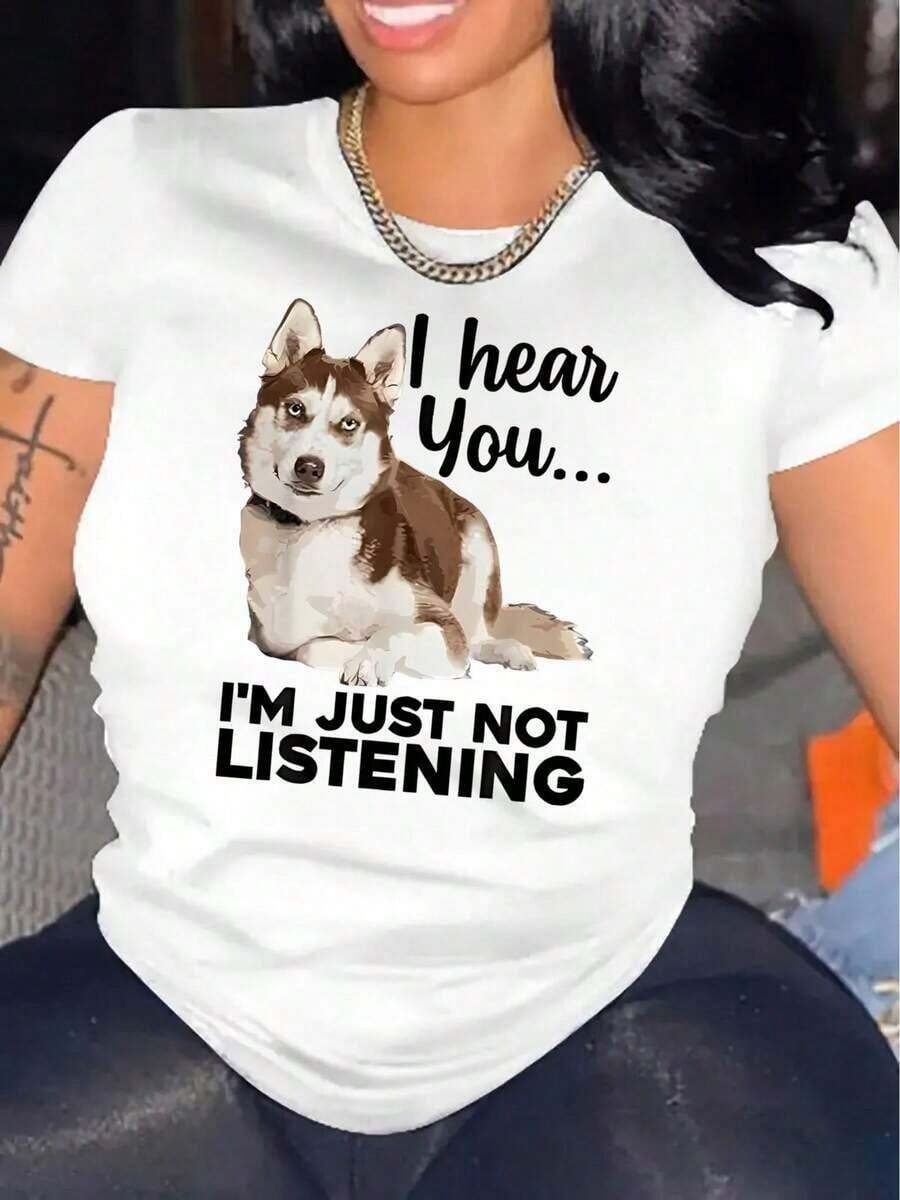 Camiseta Deportiva Casual de Manga Corta con Cuello Redondo para Mujer, Estampado Creativo de Husky Inglés, Cómoda para el Verano y Vacaciones - Blanco - Ver 1