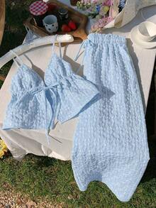casual de 2 piezas de mujer con rayas tejidas, para primavera/verano - Celeste - Ver 4