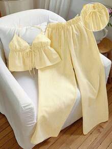 2 piezas Conjunto casual de vacaciones con rayas tejidas amarillas para mujer, /verano - amarillo ganso - Ver 7