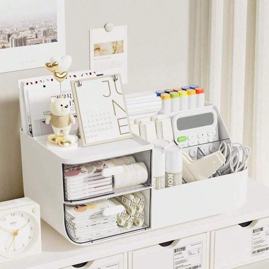1pc Rectangular Desk Organizer Plastic Cosmetic Drawer Storage Box, Multi-Functional Desktop Organizer Suitable For Students And Office Desk