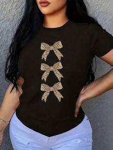 Leopard Print Tie Short Sleeve, 1 Piece Plus Size Women's T-Shirt, Short Sleeve Graphic Tee, 100% Polyester, Novelty T-Shirt, Round Neck, Casual Wear, 220g, Casual Style. - 黑色 - 查看 1