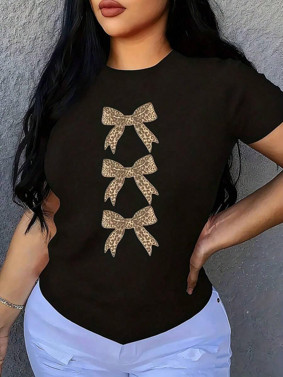 Leopard Print Tie Short Sleeve, 1 Piece Plus Size Women's T-Shirt, Short Sleeve Graphic Tee, 100% Polyester, Novelty T-Shirt, Round Neck, Casual Wear, 220g, Casual Style. - 黑色 - 查看 1