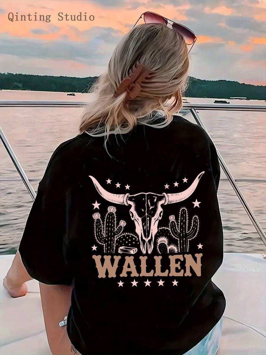 Women's Casual Crew Neck T-Shirt, 1 Piece, Ultra Soft And Breathable, With A Bohemian Design Featuring Cow Heads, Cacti And Other Patterns, Labeled "WALLEN", Perfect For Beach Surf Vacations And For Casual Spring/Summer Wear. - 黑色 - 查看 1