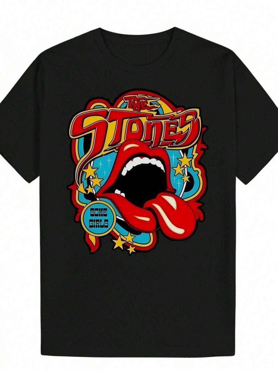 Camiseta con Estampado de Labios y Lengua con Piedras en Negro - Estilo Casual Simple - 100% Algodón Puro - Suave y Cómoda, Cuello Redondo, Manga Corta, Top de Moda Urbana para Todas las Temporadas, Ropa Casual de Calle| Camiseta de Cuello Redondo Y2k - Blanco - Ver 1