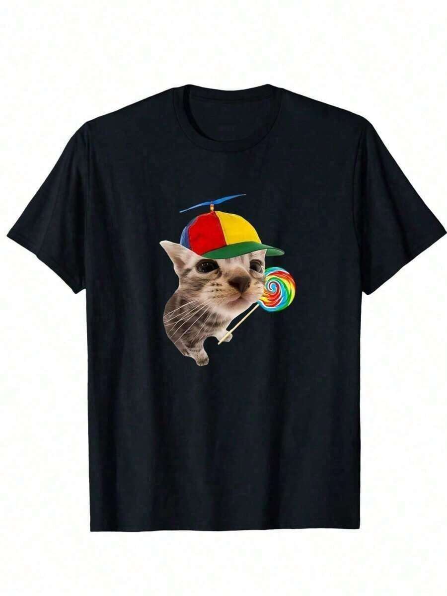 Women's Custom Soft Cotton T-Shirt, Funny Cat With Lollipop Print Tee, Unisex Graphic Tees, 100% Cotton Women's T-Shirt, Crew Neck, Short Sleeve, For Graduation Season | Class Of 2026 - Unisex Vintage Urban Style Cotton T-Shirt, Short Sleeve And Crew Neck - 黑色 - 查看 1
