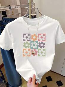 Camiseta Casual de Manga Corta con Cuello Redondo y Hombros Caídos para Mujer, con Estampado Floral para el Verano - Blanco - Ver 2