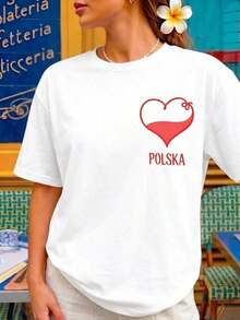 Women's T-Shirt With Double-Sided Print, Red Heart Print POLSKA, Breathable, Fashionable, Versatile, Anti-Pilling, Does Not Fade After Multiple Washes, Comfortable For Daily Wear, Sports And Leisure Activities, Ideal Gift For Holidays And Mother's Day - 白色 - 查看 2