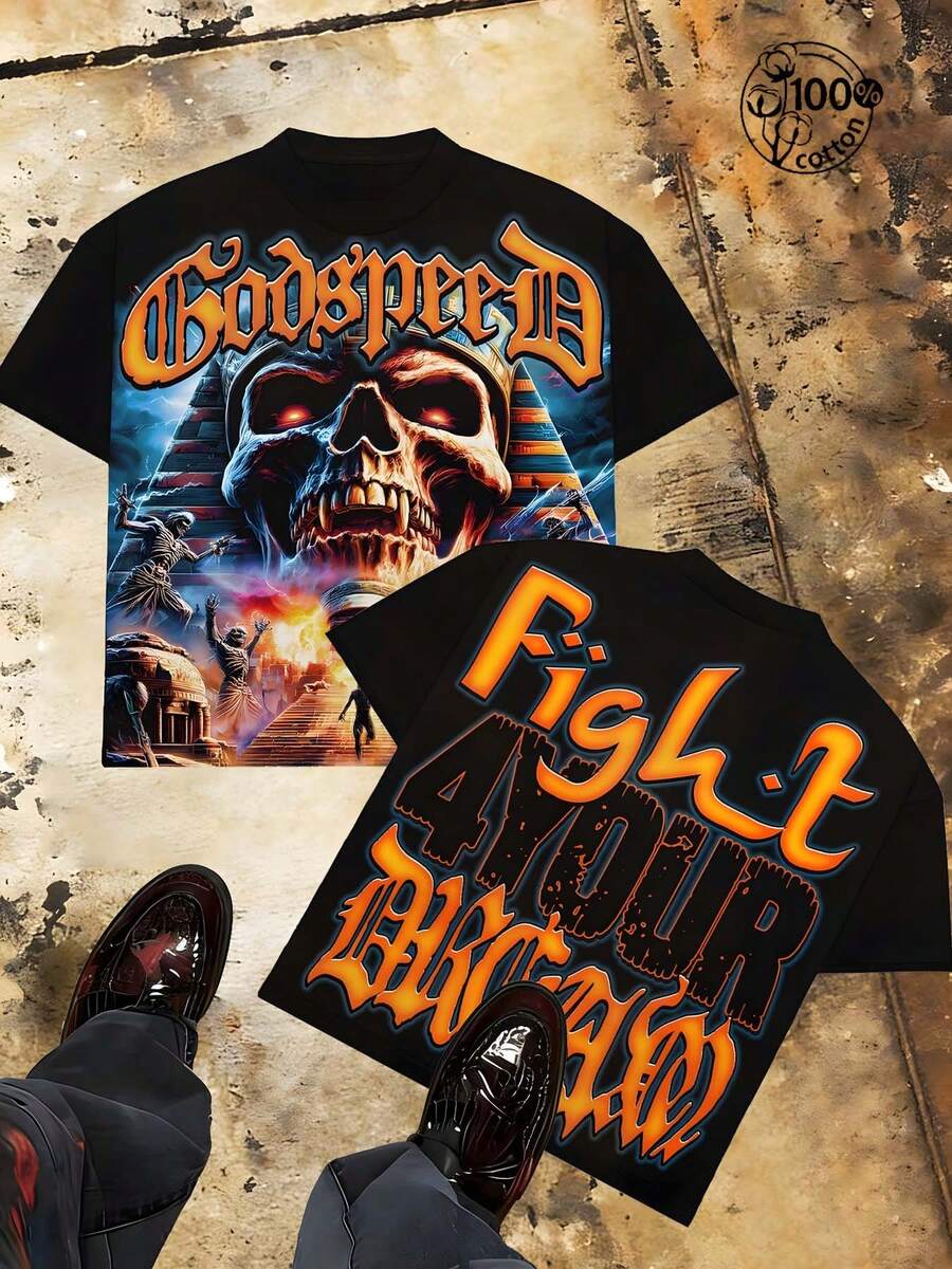 Double-Sided Printed (220% Cotton) Men's Godspeed Style T-Shirt - Gothic Font With The Slogan "Motion Over Emotion," American Street Style! Features A Giant Skull Print With A Pharaoh's Headdress. Short-Sleeved Printed T-Shirt, Men's T-Shirt, Black Printed T-Shirt, Loose Retro Fit, American Street Subculture, Suitable For Young Men's Casual Wear. A Great Gift Choice. - 黑色 - 查看 1
