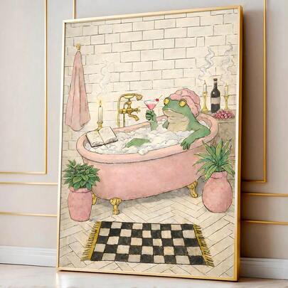 1pc Pink Frog Taking Bath Funny Canvas Poster Decor, Quirky Animal Bathroom Wall Art Print, Vintage Toilet Decoration Suitable For Bathroom, Bedroom, Modern Home