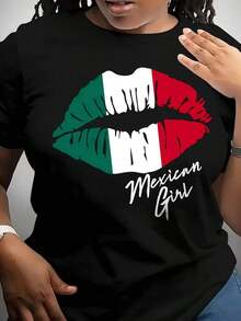 Women's Mexican Graphic T-Shirt, Casual, Short Sleeve, Crew Neck, With Bold Lips Print, Lightweight, Perfect For Spring And Summer, Casual Wear, Cultural Print T-Shirt, Machine Washable, Sizes L-3XL 4XL 5XL2026 - 黑色 - 查看 6