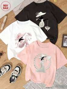 1 pieza/Set de camiseta de manga corta con cuello redondo y estampado de perlas para mujer, estilo casual y moderno, versátil y elegante para el verano. - Blanco - Ver 1