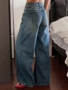 Jeans rectos de cintura baja con banda de cintura elegante para mujer - Azul lavado medio 2 - Ver 5