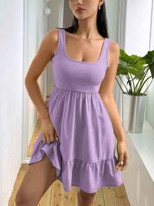 Vestido casual de mujer de unicolor con volantes en el bajo, para verano - Morado - Ver 3