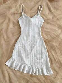 Vestido mini ajustado con cintura ceñida, bajo con volantes y giro asimétrico en el pecho, tejido en rojo, adecuado para vacaciones, citas, té de la tarde, vacaciones, festivales de música, estilo bohemio - Blanco - Ver 2