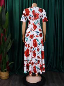 Plus Size Elegant Lace-Up Short Sleeve Flared Dress, New Style 2026 For Women - 白底紅花 - 查看 2