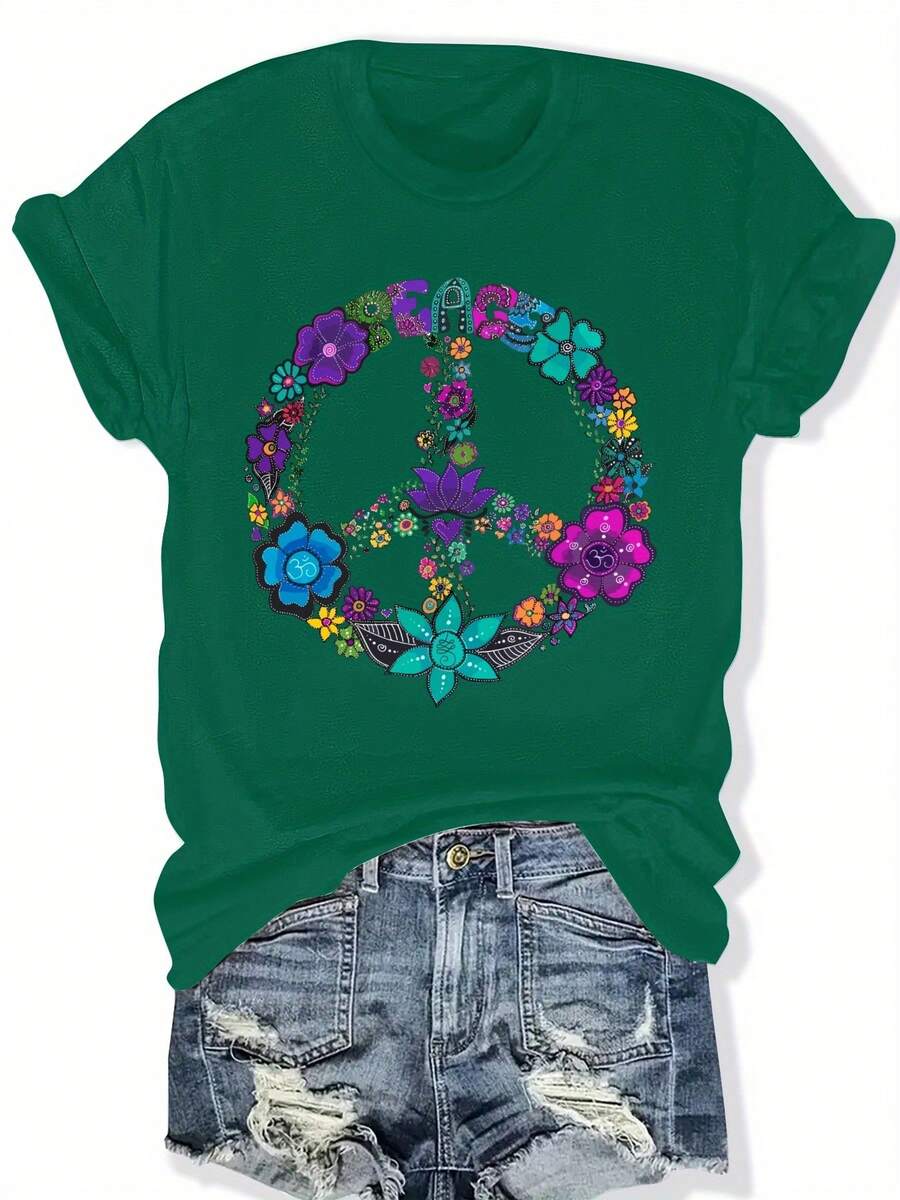 Women's Plus Size Black T-Shirt With Vibrant Floral Design And Peace Symbol - Casual Crew Neck, Short Sleeve, Summer And Spring Top, Casual Wear | Peace Symbol Top | Stretch Fabric - 綠色 - 查看 1