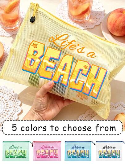 1个防水时尚沙滩包，印有色彩鲜艳的“Beach”字样和海星图案。大容量透明化妆包，带拉链，轻便耐用，适合春夏季节收纳，可用于游泳、海滩、潜水和暑假旅行，也适合学生返校使用。防晒收纳包，适合送给朋友、家人、闺蜜、同学。是生日、节日、派对、婚礼（伴娘）、度假的完美礼物和纪念品。