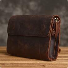 1PCS, Men's Genuine Leather Clutch Bag, Crazy Horse Leather Handbag, Top Layer Cowhide Multifunctional Phone Bag - 復古咖啡 (VCE) - 查看 5