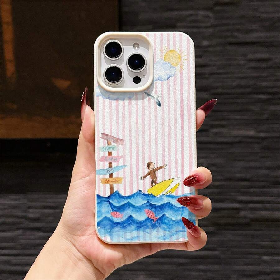 1 Stück gestreifter lustiger Affen- & Litschi-Textur Handyhülle kompatibel mit iPhone 17 16 15 14 13 12 11 Pro Max MINI AIR 14 15 16 Plus XS XR X 8 7 SE 2020 - Verschiedenfarbig - Übersicht 1